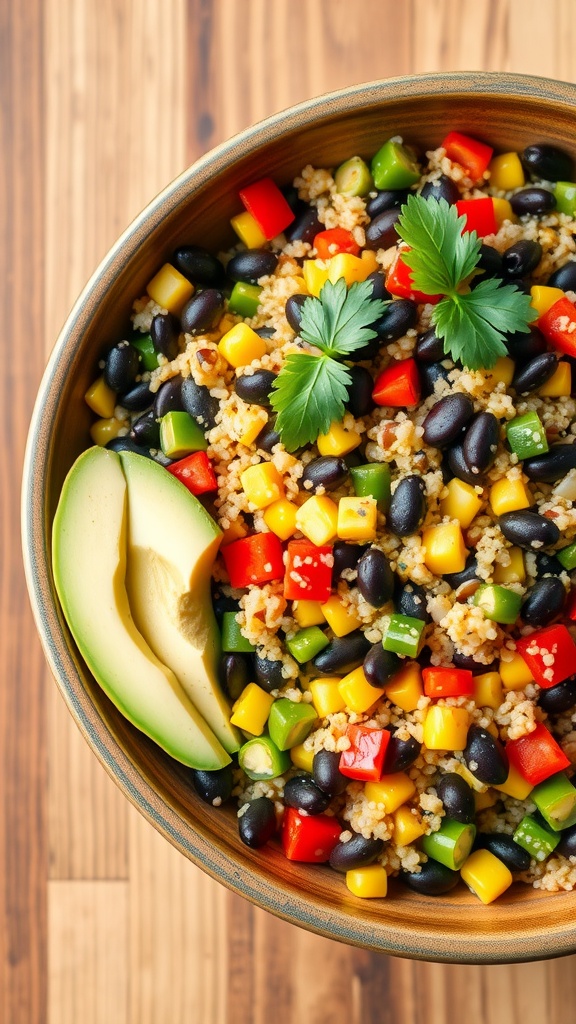 A colorful quinoa salad with black beans, corn, bell peppers, and avocado in a rustic bowl, garnished with cilantro.